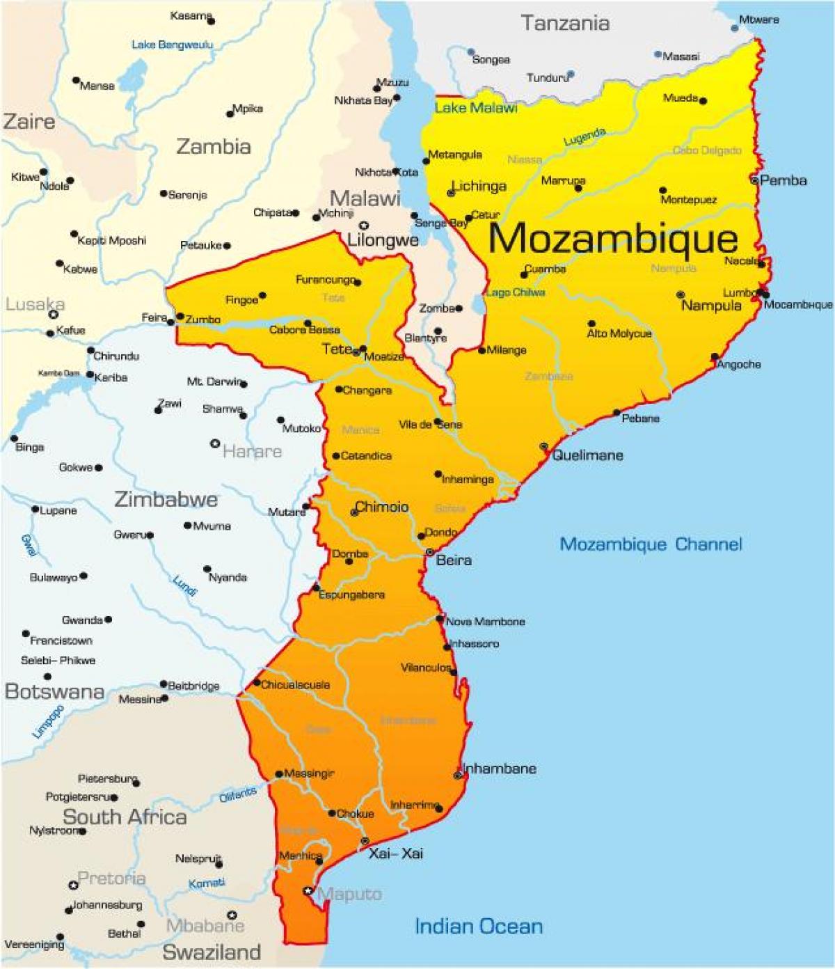 mapa ng Mozambique mapa na may mga distansya