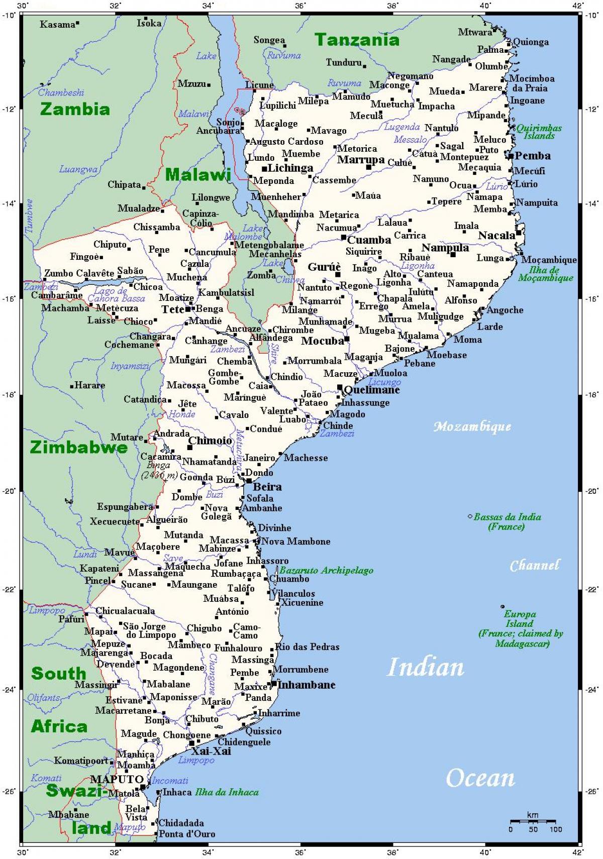mapa ng Mozambique sa mga lungsod